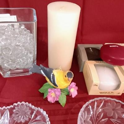 2 LENOX BIRDS, CANDLES, VASES AND CRYSTAL DISHES