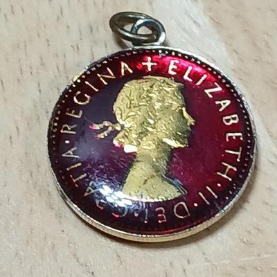 Enameled Great Britain 1959 One Shilling Queen Elizabeth II Charm Pendant