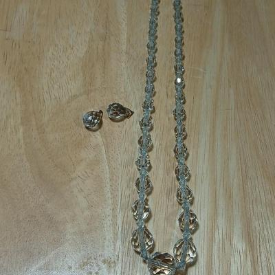 Vintage 1940s Sparkling Clear Crystal Graduating Faceted Bead Necklace with matching earrings