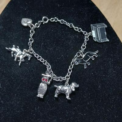 Wells Ster marked Charm bracelet Horses- Owl - Cat - Dog- Piano - Sterling bracelet