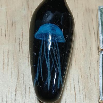 Dragonfly necklace, Glass box locket, blown glass mushroom pendant, and a Moose on a stone pendant