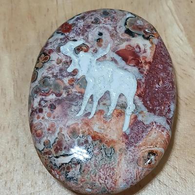 Dragonfly necklace, Glass box locket, blown glass mushroom pendant, and a Moose on a stone pendant