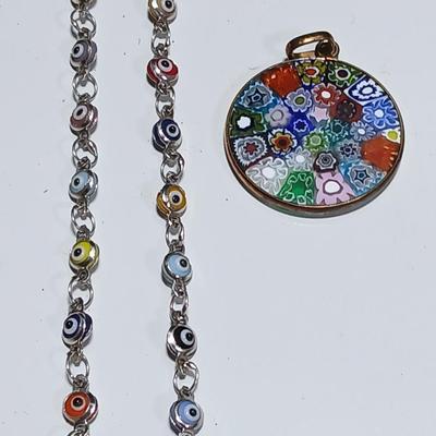 Colorful .925 marked multicolored eye necklace with Multicolor Murano Glass Millefiori Pendant