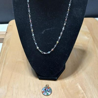 Colorful .925 marked multicolored eye necklace with Multicolor Murano Glass Millefiori Pendant