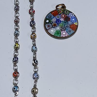 Colorful .925 marked multicolored eye necklace with Multicolor Murano Glass Millefiori Pendant