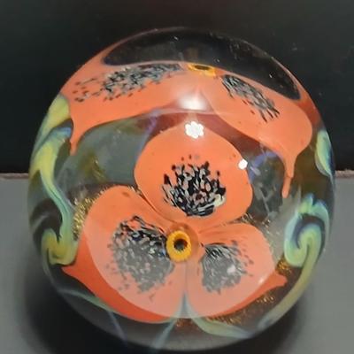 Beautiful 1997 Mouth Blown 4" Glass Paper Weight Art Glass Red Flowers Signed Eickholt