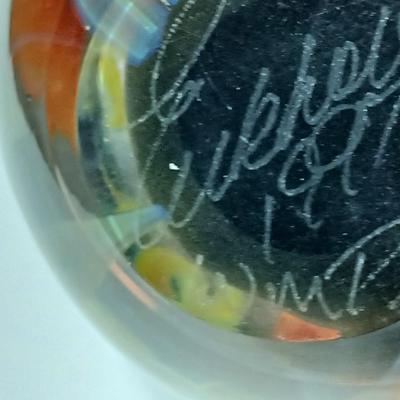 Beautiful 1997 Mouth Blown 4" Glass Paper Weight Art Glass Red Flowers Signed Eickholt