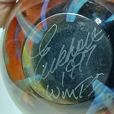 Beautiful 1997 Mouth Blown 4" Glass Paper Weight Art Glass Red Flowers Signed Eickholt