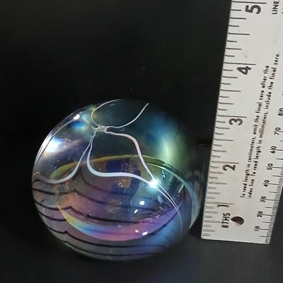 Vintage Signed Hand-Blown Paperweight, Aurene Iridescent Glass Paperweight, Studio Art Glass Pulled Feather Paperweight