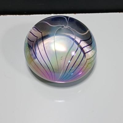 Vintage Signed Hand-Blown Paperweight, Aurene Iridescent Glass Paperweight, Studio Art Glass Pulled Feather Paperweight