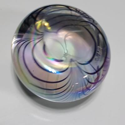 Vintage Signed Hand-Blown Paperweight, Aurene Iridescent Glass Paperweight, Studio Art Glass Pulled Feather Paperweight