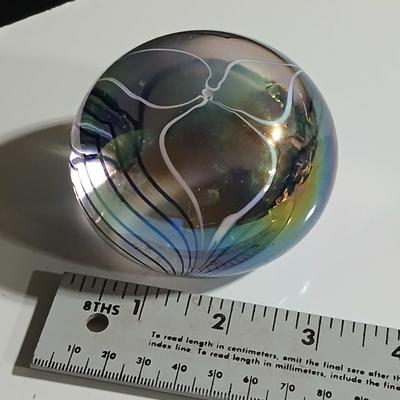 Vintage Signed Hand-Blown Paperweight, Aurene Iridescent Glass Paperweight, Studio Art Glass Pulled Feather Paperweight