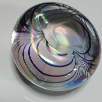 Vintage Signed Hand-Blown Paperweight, Aurene Iridescent Glass Paperweight, Studio Art Glass Pulled Feather Paperweight