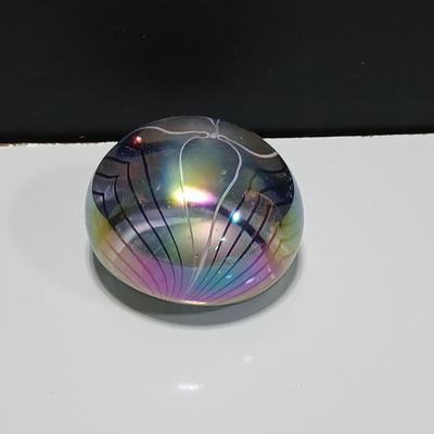 Vintage Signed Hand-Blown Paperweight, Aurene Iridescent Glass Paperweight, Studio Art Glass Pulled Feather Paperweight