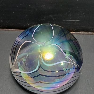 Vintage Signed Hand-Blown Paperweight, Aurene Iridescent Glass Paperweight, Studio Art Glass Pulled Feather Paperweight
