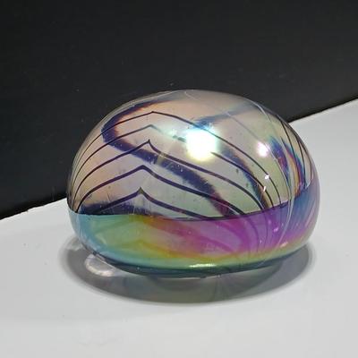 Vintage Signed Hand-Blown Paperweight, Aurene Iridescent Glass Paperweight, Studio Art Glass Pulled Feather Paperweight