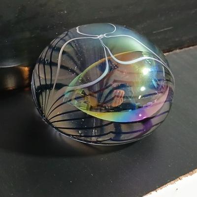Vintage Signed Hand-Blown Paperweight, Aurene Iridescent Glass Paperweight, Studio Art Glass Pulled Feather Paperweight