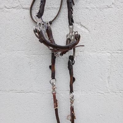 Equestrian Tack - Leather hackamore bitless Bridle with nylon rope reins