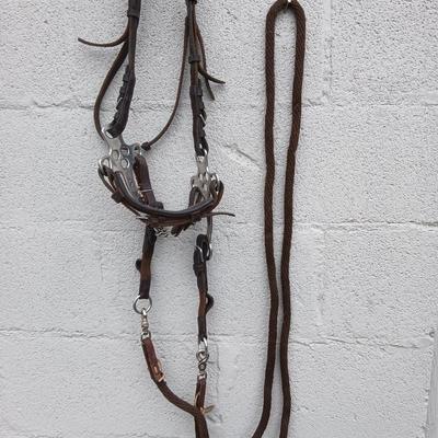 Equestrian Tack - Leather hackamore bitless Bridle with nylon rope reins