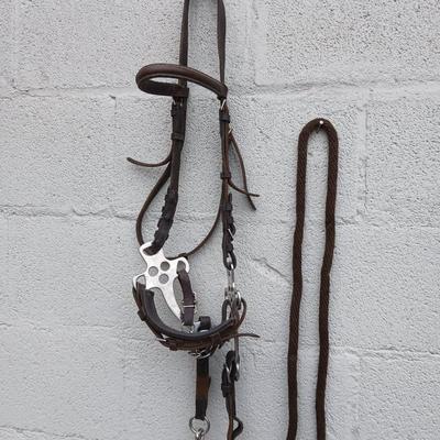 Equestrian Tack - Leather hackamore bitless Bridle with nylon rope reins