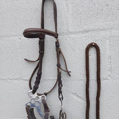 Equestrian Tack - Leather hackamore bitless Bridle with nylon rope reins