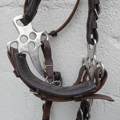Equestrian Tack - Leather hackamore bitless Bridle with nylon rope reins