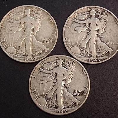 Set of Three U. S. Mint Walking Liberty Silver Half Dollars Circulated (66) Various Dates