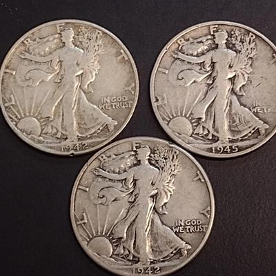 Set of Three U. S. Mint Walking Liberty Silver Half Dollars Circulated (66) Various Dates