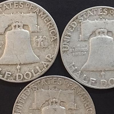 Set of Three U. S. Mint Franklin Silver Half Dollars Circulated Various Dates (67)