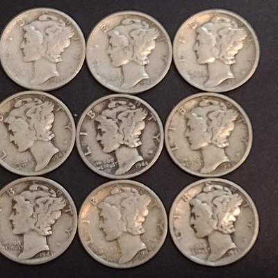 Set of Nine 1941-1945 U. S. Mint Mercury Silver Dimes Circulated (68)