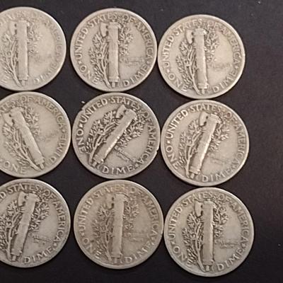 Set of Nine 1941-1945 U. S. Mint Mercury Silver Dimes Circulated (68)