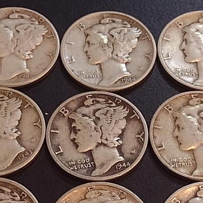 Set of Nine 1941-1945 U. S. Mint Mercury Silver Dimes Circulated (68)