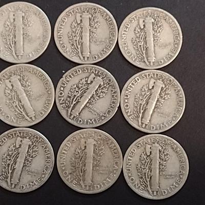 Set of Nine 1941-1945 U. S. Mint Mercury Silver Dimes Circulated (68)