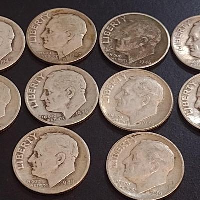 Set of Ten 1945-1949 U. S. Mint Roosevelt Silver Dimes Circulated (69)