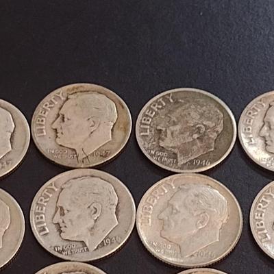 Set of Ten 1945-1949 U. S. Mint Roosevelt Silver Dimes Circulated (69)