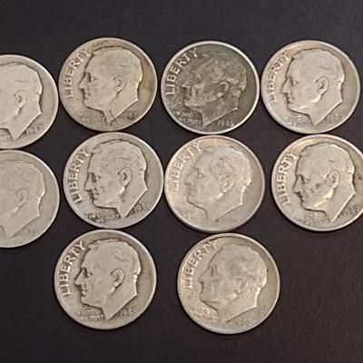 Set of Ten 1945-1949 U. S. Mint Roosevelt Silver Dimes Circulated (69)