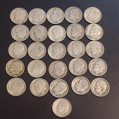 Set of Twenty-Six 1950-1959 U. S. Mint Roosevelt Silver Dimes Circulated (70)
