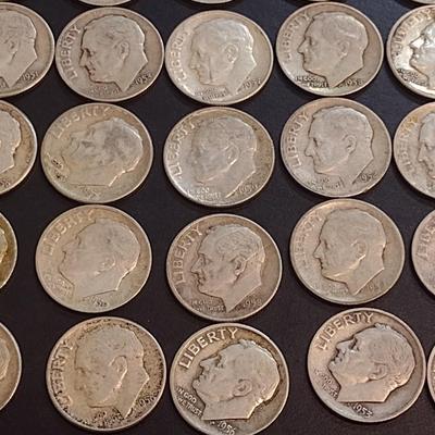 Set of Twenty-Six 1950-1959 U. S. Mint Roosevelt Silver Dimes Circulated (70)