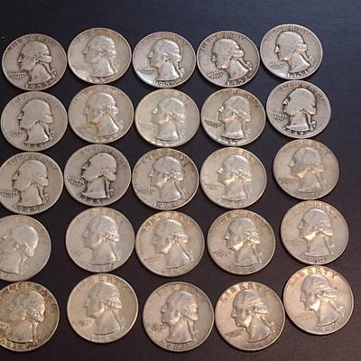 Set of Twenty-Five 1940-1964 U. S. Mint Washington Silver Quarters Circulated (72)