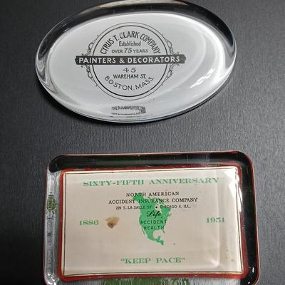 Two vintage advertisement paperweights - Cyris T. Clark Company Boston Mass. & North American Accident Insurance company 1951