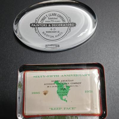 Two vintage advertisement paperweights - Cyris T. Clark Company Boston Mass. & North American Accident Insurance company 1951