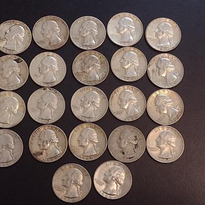 Set of Twenty-Two 1964 U. S. Mint Washington Silver Quarters Circulated (73)