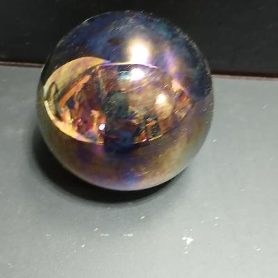 Vintage carnival glass like paperweight with box - signed bottom