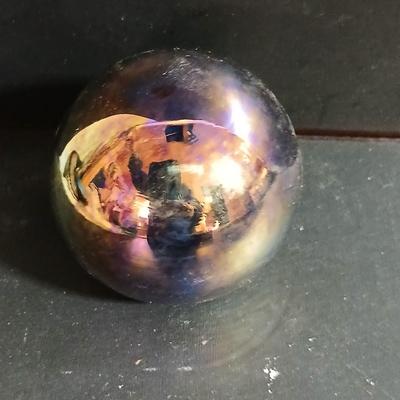 Vintage carnival glass like paperweight with box - signed bottom