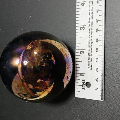 Vintage carnival glass like paperweight with box - signed bottom