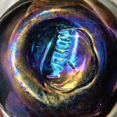 Vintage carnival glass like paperweight with box - signed bottom