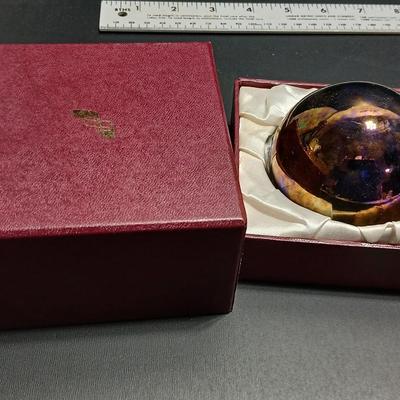 Vintage carnival glass like paperweight with box - signed bottom