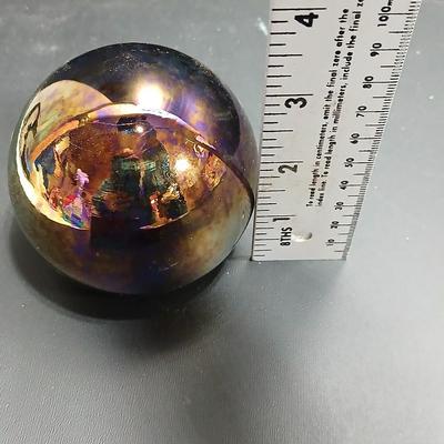 Vintage carnival glass like paperweight with box - signed bottom