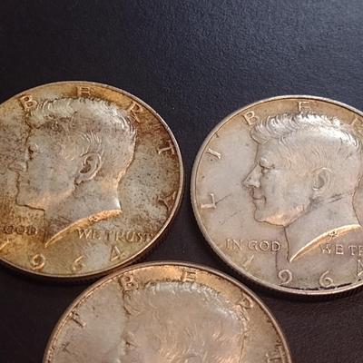 Set of Three 1964 U. S. Mint Kennedy Silver Half Dollars Circulated (74)