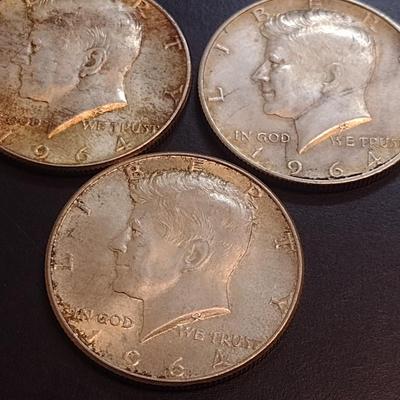 Set of Three 1964 U. S. Mint Kennedy Silver Half Dollars Circulated (74)